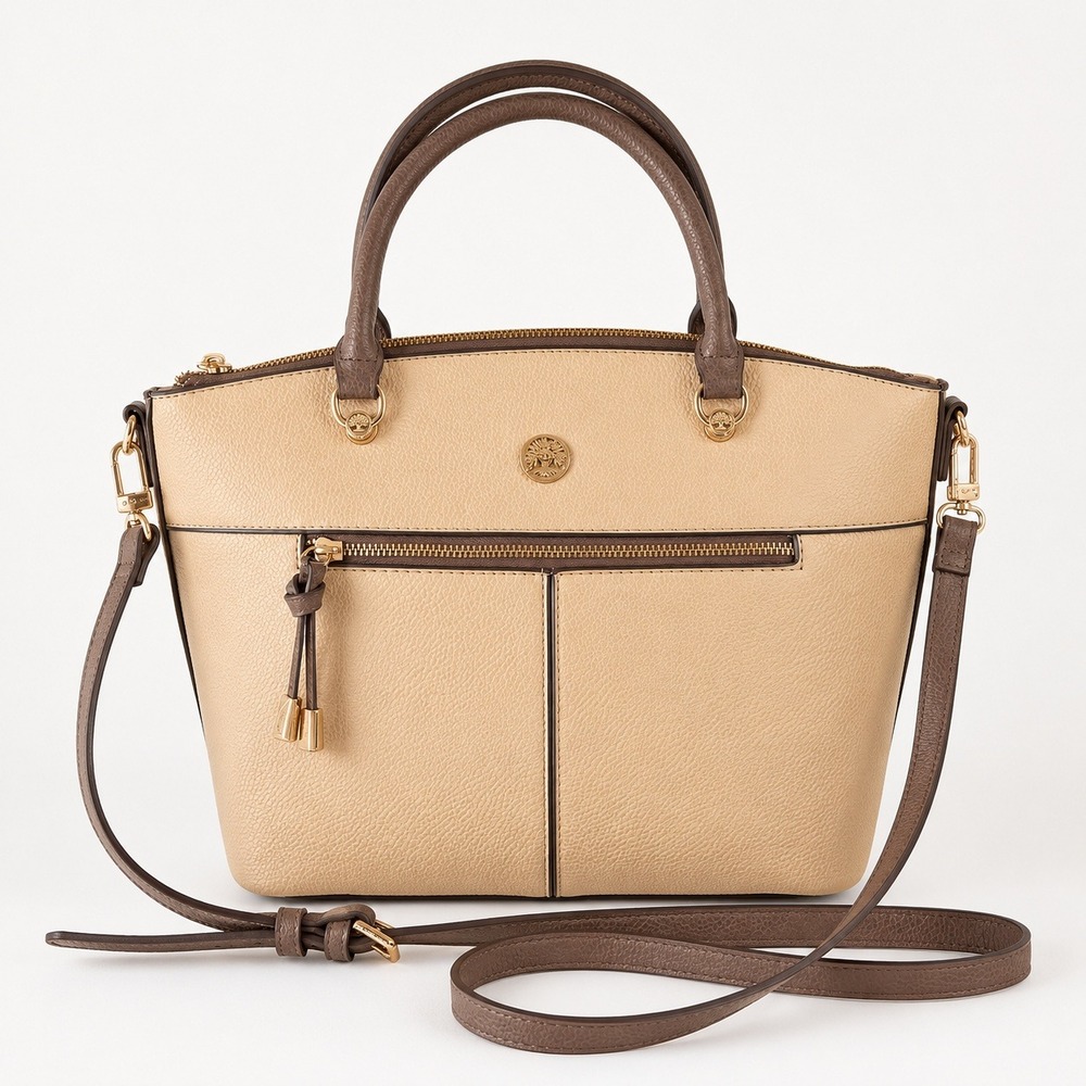 Anne Klein Two Tone Pebbled Satchel Crossbody Bag Beige Taupe Gold Tone NWOT